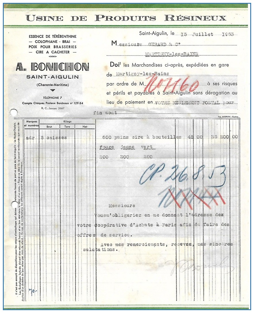 Modèle de facture de l’usine de produits résineux Bonichon