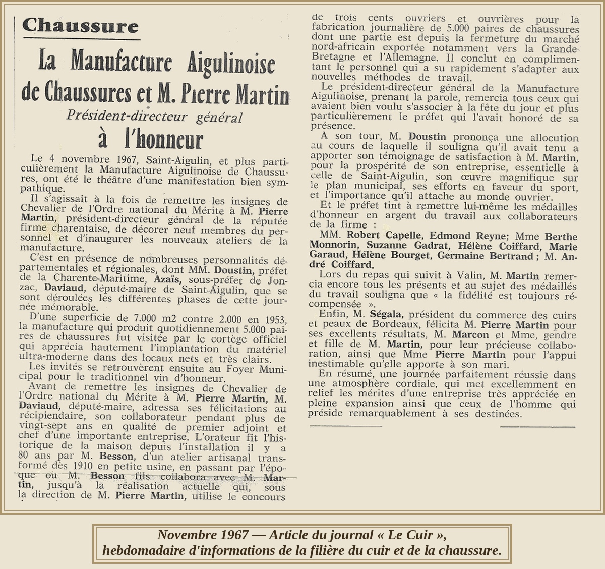 Article du journal «Le Cuir»