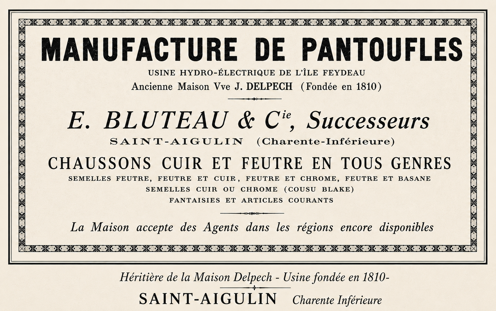 Publicité pour la Manufacture Bluteau - L’île Feydeau