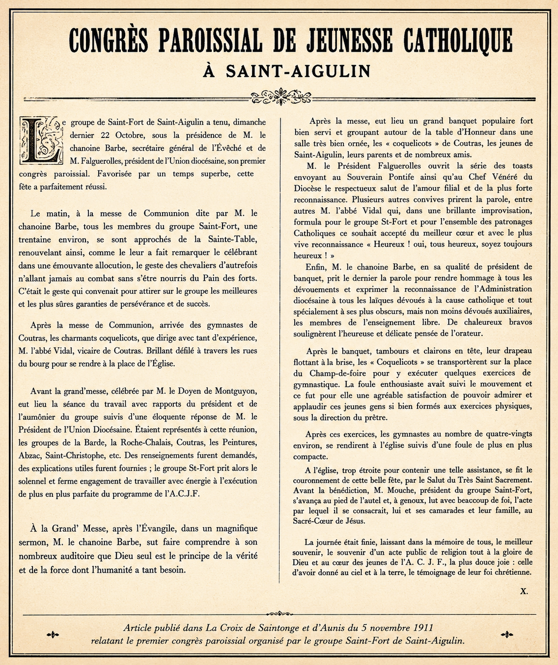 Congrès paroissial de Jeunesse catholique à Saint‑Aigulin.